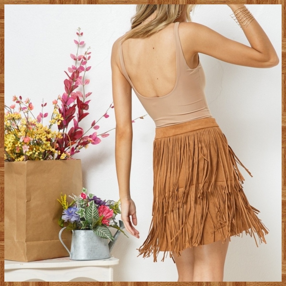 Sexy Faux Suede Mini Skirt Asymmetrical Fringe Details Banded Waistband - Picture 10 of 13